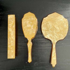 Vintage 3 Piece Bakelite Celluloid Vanity Dresser Set Amber Color Brush Mirror